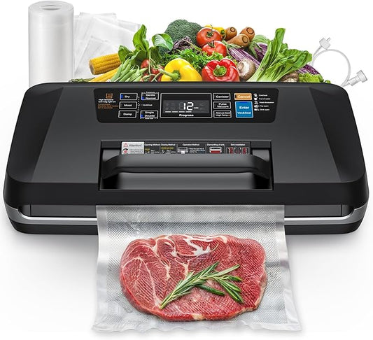 95kpa Vacuum Sealer, Commercial Fully Automatic Food Sealer, Powerful Sealing System, Double Heat Seal, Built-in Cutter and Bag Storage, 1 Roll Bag and 10 Precut Bags
