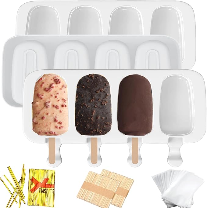3pcs Large Silicone Popsicle Molds Set,BZIDII 4 Cavities Cake Pop Molds,Oval Ice Cream Bar Mold Ice Pop Cakesicle Molds Silicone with 100 Wooden Sticks & 100 Bags &100 Twist Ties(White)