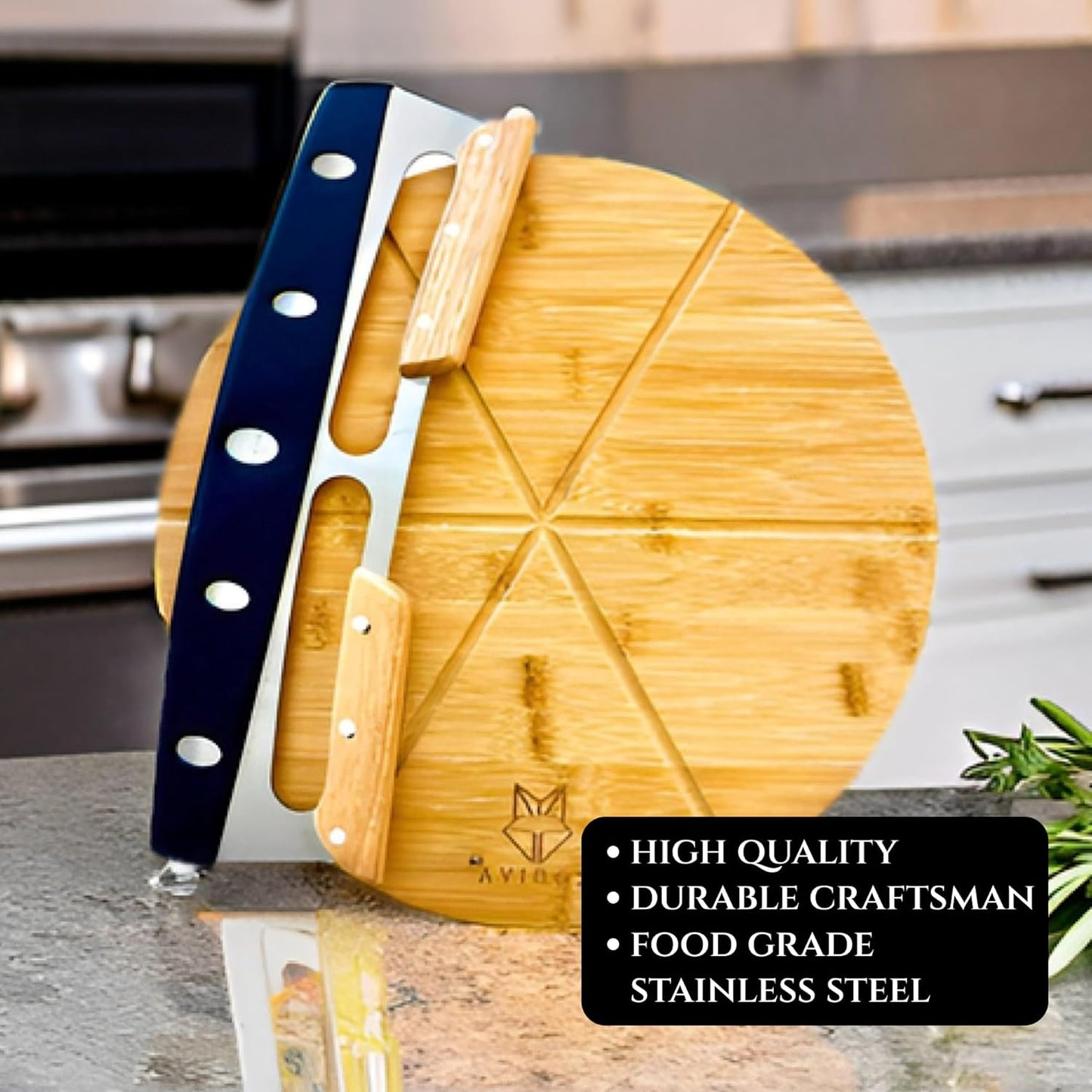 14" Dual-Grip Pizza Cutter Pizza Board | Gift Pizza Set, Best Pizza Cutter Rocker Blade, Bamboo Pizza Cutting Board, Pizza Slicer, Pizza Serving Board, Pizza Rocker Knife For Cutting Pizza Piza