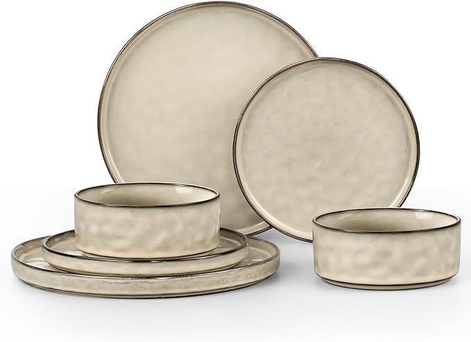 LIANYU Stoneware Dinnerware Set, 6 Piece Plates and Bowls Sets for 2, Ceramic Dish Set Includes Dinner Salad Plates, Cereal Bowls, Microwave & Dishwasher Safe, Sandy Beige