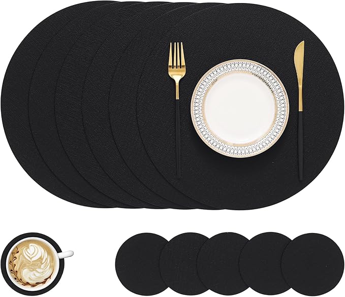 homing Round Faux Leather Placemat and Coaster 6 Packs, Washable Heat Resistant Dining Place Mats, Wipeable Double-Sided Table Mats for Indoor and Outdoor, Diameter 13 and 3.93 inch, Black