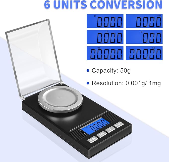 Fuzion Milligram Scale 50g/0.001g, Portable Jewelry Scale .001 Gram Accuracy, Mg Scale, Powder Scale, Microgram Scale, Milligram Scale for Powder with Tray/Tweezers/Calibration Weight