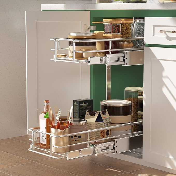 LOVMOR 2 Tier Individual Pull Out Cabinet Organizer 7½" W x 21½" D, Slide Out Kitchen Cabinet Storage Sliding Shelves