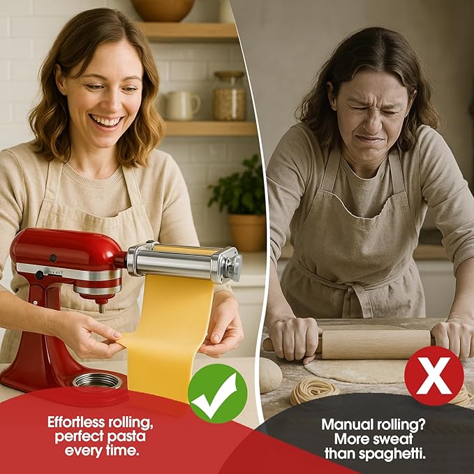 Pasta Maker Attachments Set for all KitchenAid Stand Mixer Included Pasta Sheet Roller （SU304）,8 Adjustable Thickness Settings Perfect for Spaghetti, Fettuccini, Lasagna or Dumpling Skin Silver