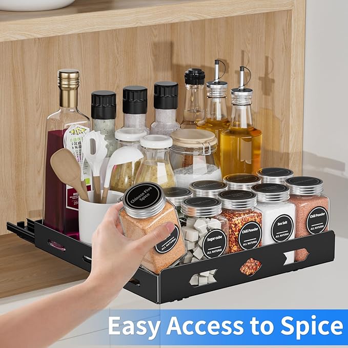 Pull Out Spice Rack Organizer for Cabinet, Heavy Duty Spice Organizer, Vertical Spice Rack Organizer for Kitchen, Cabinet, Pantry (10.5''Wx10.5''Dx2.8''H, Metal Black)