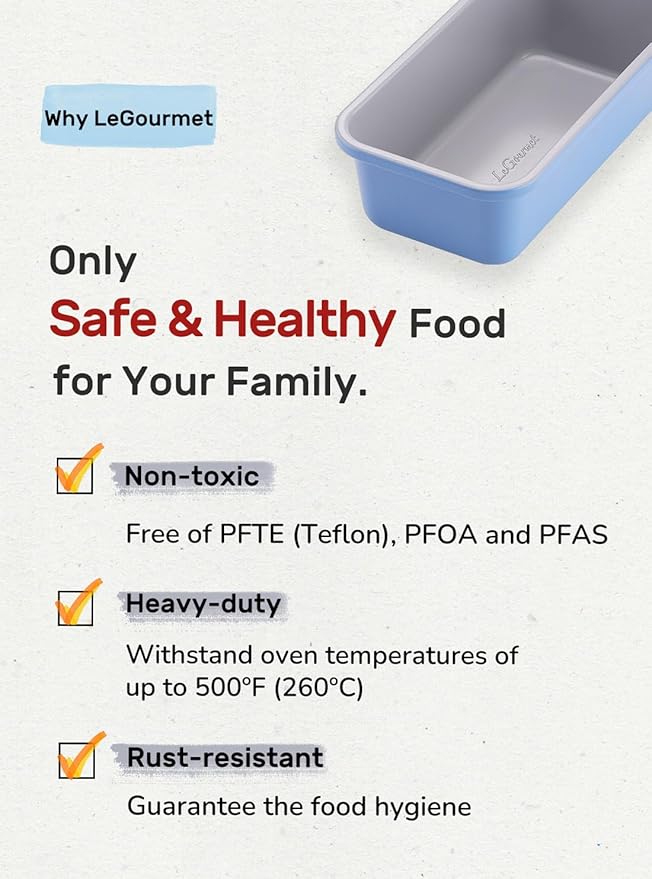 LeGourmet Nonstick Bread Loaf Pan 9 X 5 Inch, Ceramic Coating, Non-Toxic, Rust Resistant Aluminized Steel, Perfect 1 lb Baking Dish for Meatloaf, Pound Cake & Brownie (Cyan 2pcs)
