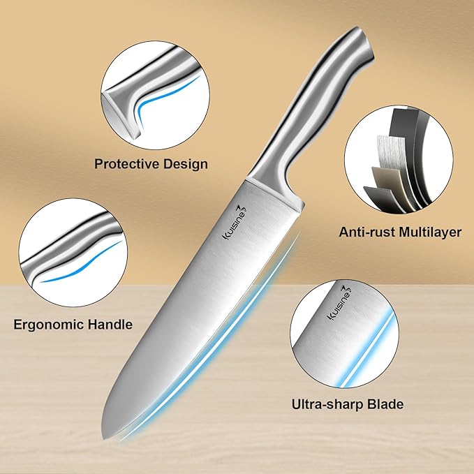 Kuisine Premium Sharp Knife Set Carbon Steel Forged,Ergonomic Handle Knife Block Set,Kitchen Block Knife Set,Chef Knife Set Built-in Sharpener(Silver Pro, 15PCS)