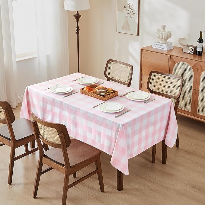 Yarn Dyed Cotton Blend Table Cloth Rectangle Table Cover 55x95 Inches Waterproof Indoor/Outdoor Pink and White Checkered Gingham Rectangle Tablecloth for Dining Room BBQs Buffet Camping