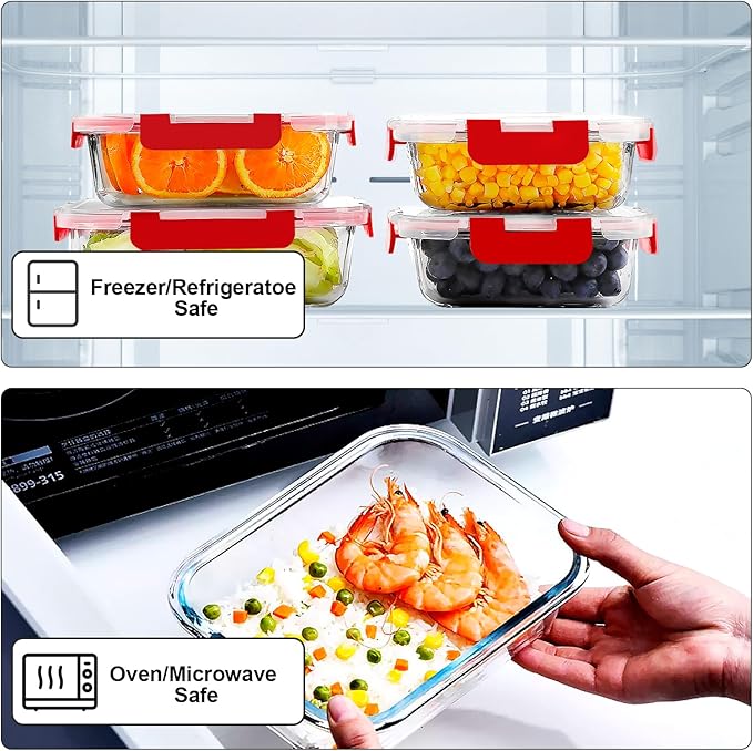 VERONES 10Pack Glass Meal Prep Containers, Airtight Glass Lunch Containers,Stackable Glass Food Storage Containers Set with Lids,Exclusive of BPA, for Microwave,Oven, Freezer&Dishwasher Friendly,Red