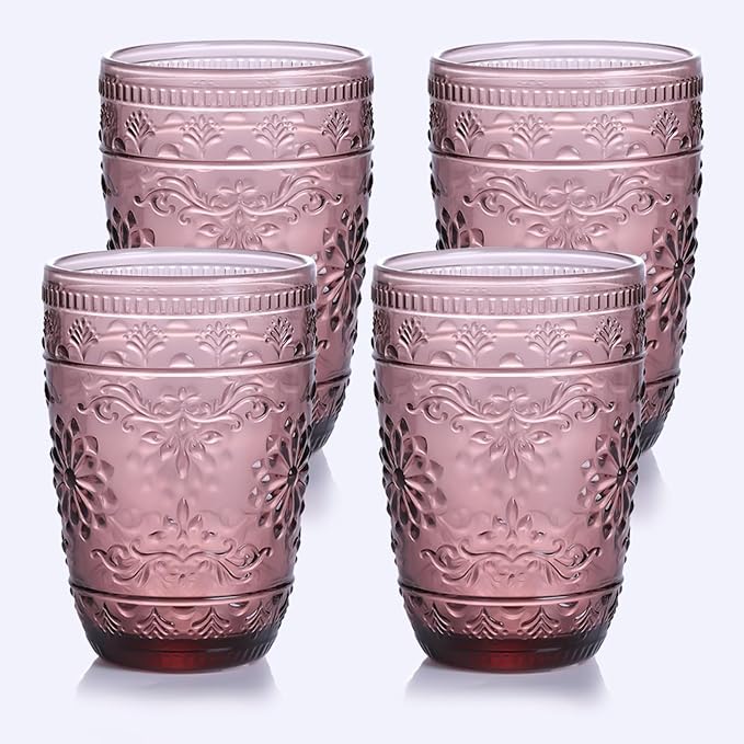 14OZ Drinking Glasses Set of 4, Purple Drinking Glasses, Colored Glassware Drinking, Highball Beverage Glasses Cup, Vintage Glassware Set for Water, Juice, Cocktail, Coffee