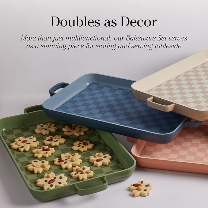 Our Place Bakeware Set | 5-Piece Nonstick, Toxin-Free, Ceramic, Cast Aluminum Set with Oven Pan, Bakers, & Oven Mat | Space-Saving Nesting Design | Oven-Safe | Bake, Roast, Griddle and more | Steam