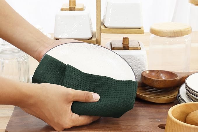 PurpleEssences Waffle Weave Kitchen Towel, 100% Cotton - 15x25 Inches, with Hanging Loop Ultra Soft Absorbent Quick Drying Dish Cloth, Tea and Hand Towels, 6 Pack - Christmas Holiday Winter - Green