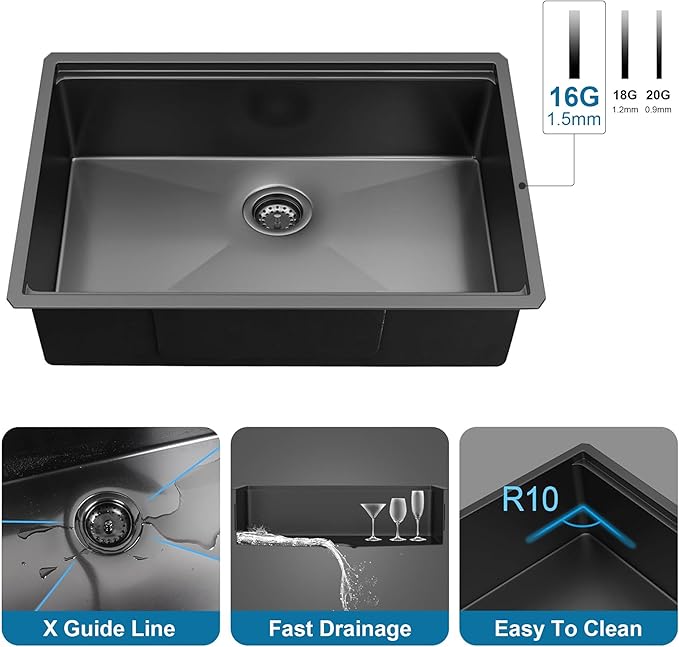 28 inch Gunmetal Black Undermount Kitchen Sink, HausinLuck 16 Gauge Stainless Steel Undermount Workstation Kitchen Sink Handmade 10 inch Deep Single Bowl Sink with Ledge and Accessories (Pack of 5)