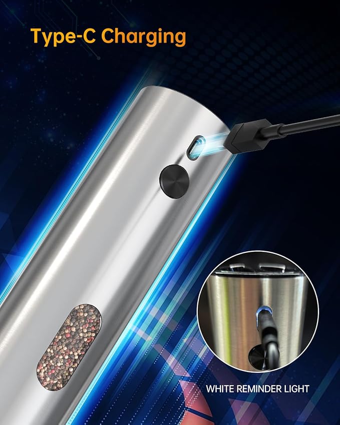 CIRCLE JOY Rechargeable Electric Pepper Grinder, Automatic Stainless Steel Pepper Mill Grinder with 110ml Container, Adjustable Coarseness and White LED Light, Silver