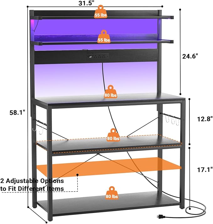 Aheaplus Bakers Rack with Power Outlet, Microwave Stand, 5 Tiers Coffee Bar Station with Led Lights, Kitchen Storage Shelf with 6 S-Shaped Hooks, Kitchen Rack Coffee Bar Stand, Black