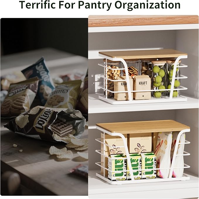 2 Pack Kitchen Organization for Onions,Potatoes - Fruit Basket for Kitchen Counter & Storage Basket,Stackable Storage Bins with Bamboo Top & Lightweight PP Mat,White