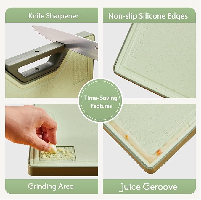 Titanium Cutting Board – Double Sided Cutting Boards for Kitchen, Pure Titanium & Wheat Straw PP, Food-Grade Metal Chopping Board, Easy to Clean Large Size 16"x11" (Green & Silver)