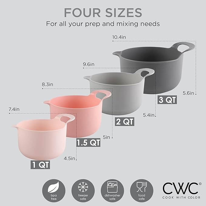 COOK WITH COLOR Nesting Plastic Mixing Bowl Set with Pour Spouts and Handles, Pink, 4 Piece Non-Slip