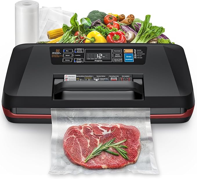 95kPa Vacuum Sealer Machine,Commercial Fully Automatic Food Sealer,10-in-1 Functions & Powerful Sealing System with Double Heat Seal,Easy-Lock Handle,Built-in cutter,1 Bag Rolls,10 Pre-cut Bags