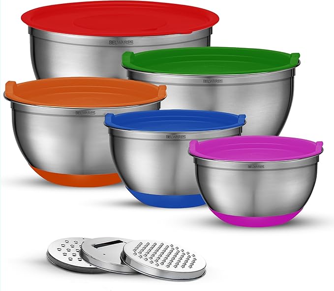 Belwares Mixing Bowls with Lids Set of 5 - Stainless Steel Nesting Bowls with Non-Slip Silicone Bottoms, Airtight Lids & 3 Grater Attachments Kitchen Baking Bowls for Food Prep & Storage (Colorful)