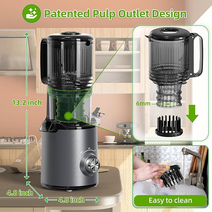 Budsom Cold Press Juicer Machine: 300W Slow Masticating Juicer for Whole Fruits & Vegetables, 5.3" Wide Feed Chute, High Juice Yield, Easy to Clean, Quiet 55 RPM, Juice Extractor for Home & Kitchen
