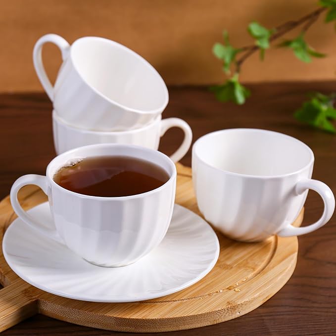 Fine Bone China Cappuccino Mugs Set of 4, 7 Oz Spiral Pattern Lightweight Ceramic, Art Coffee Cups with Saucers, for Latte, Mocha, Tea, Espresso, Macchiato, Americano