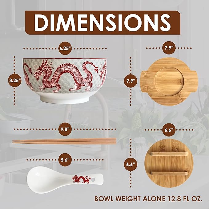 XWORLD Japanese Ceramic Ramen Noodle Bowls Set with Ceramic Spoon, Bamboo Chopsticks, Lid & Trivet, Serving Capacity of 33.8 OZ, Microwavable Oven Safety (3.3” x 6.6” D) (Red Dragon)