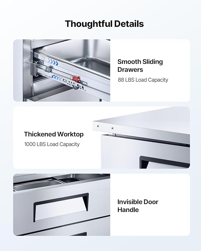 VEVOR Chef Base Refrigerator, 72" W Commercial Chef Bases Worktop Refrigerators, 4-Drawer Under Counter Fridge with 12 Pans Stainless Steel, Heavy-Duty Refrigerated Base, Invisible Door Handle