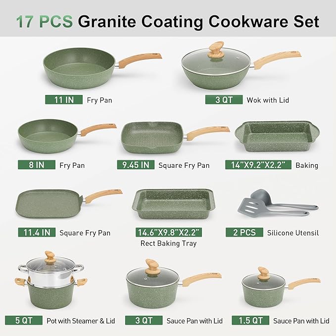 Kitchen Academy 17Pcs Sage Green Pots and Pans Set Non Stick, Induction Kitchen Cookware Sets, Nonstick Granite Cooking Pans Set with PFOA&PFOS Free