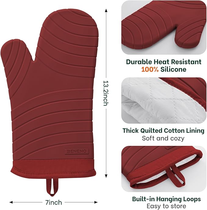 Beneno Premium Silicone Oven Mitts 2-Pack Heat Resistant 500°F, Soft Flexible Non-Slip Grips, BPA-Free & Waterproof Oven Mitts with Comfortable Cotton Lining for Baking, Grilling, Cooking, 7"x13", Red
