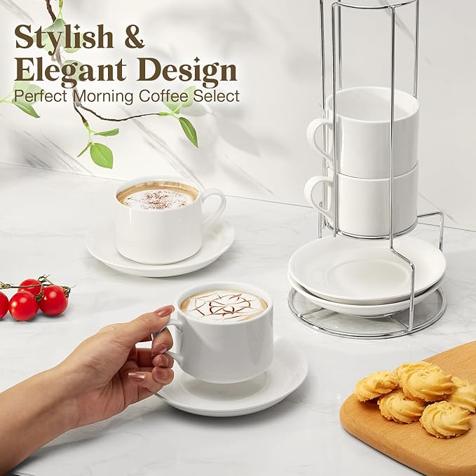 5 Ounce White Porcelain Stackable Espresso Cups with Stainless Steel Holder, Set of 4, Durable Ceramic, Perfect for Home, Office or Gift