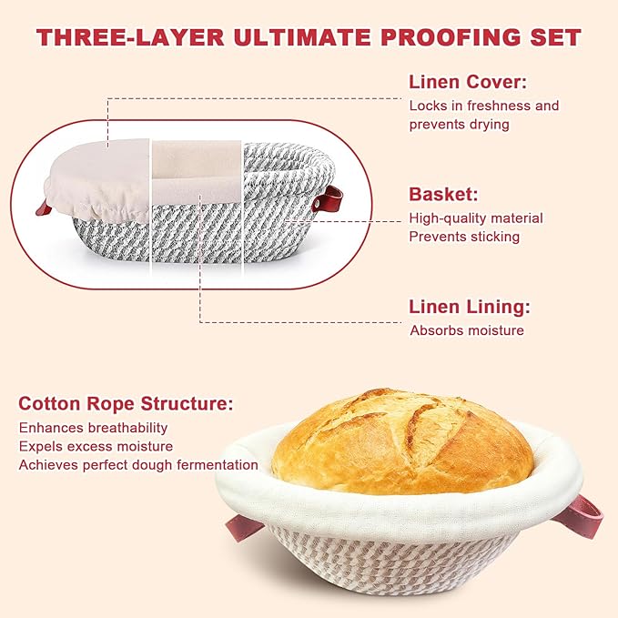 Sourdough Bread Baking Supplies, Sourdough Starter Kit with Cotton Rope Oval & Round Bread Proofing Basket and Sourdough Starter Jar, Artisan Bread Making Kit Ideal Gift for Bakers, Women Wife Mom