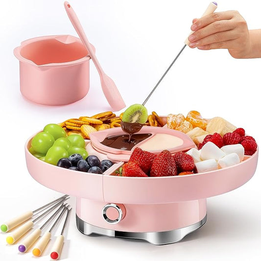 Chocolate Fondue Pot Set Electric Melting Machine, 4-Cup Capacity 4 Trays 5 Forks 1 Spatula Cheese Warmer, Ideal Gift for Couple Family & Date Night Idea House Warming Holidays Essentials