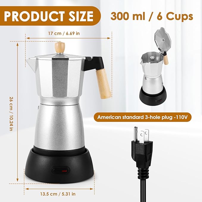 AOZBZ Moka Pot Electric Espresso Coffe Maker, 300ml 6 Cups Portable Coffee Pot with Overheat Protection and Detachable Base, Electric Espresso Maker, 450W, Silver