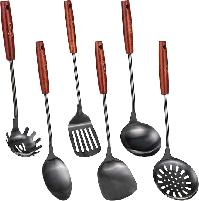 FJNATINH 304 Stainless Steel Kitchen Utensil Sets - 6 PCS Wok Spatula Sets Cooking Utensil Tools Spatula, Soup Ladle, Skimmer Spoon, Slotted Spatula Tunner, Spaghetti Spoon, Large Spoon