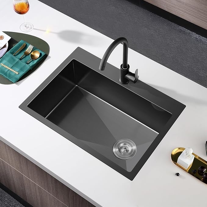 24x18x9 Inch Drop in Kitchen Sink, Handmade 304 Black Stainless Steel Single Bowl, Centre-Offset Drain, R10 Tight Corner, Topmount Kitchen Sink with Strainer & Bottom Grid