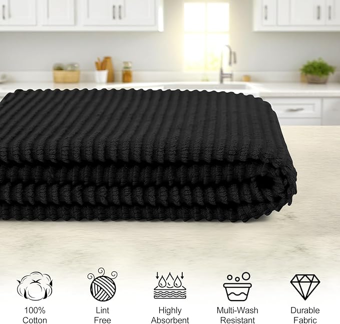 Homaxy Premium Kitchen Towels (18"x 28", 8 Pack), Large 100% Cotton Kitchen Hand Towels, Ultra Absorbent Ribbed Terry Tea Towels Set with Hanging Loop, Black