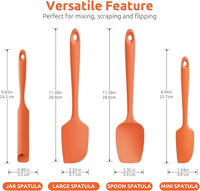 U-Taste 600ºF Heat Resistant Silicone Spatulas: Flexible Food-Grade Silicon Baking Scraper, Kitchen Cooking Mixing Utensils with Upgraded Sturdy Handle Tip for Nonstick Cookware (4-Pc., Orange)