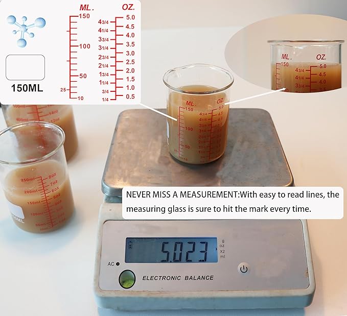 3 Piece High Borosilicate Glasss Liquid Measuring Cups, Includes 150ml(5OZ),250ml(8OZ),and 500ml(16OZ), Dishwasher, Freezer, Microwave, and Preheated Oven Safe, Essential Kitchen Tools