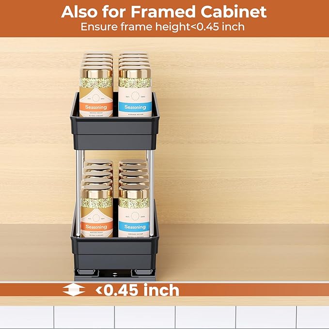 Pull Out Spice Rack Organizer for Cabinet, Slide Out Spice Racks Organizer, Easy to Install Spice Cabinet Organizers, 4.3''Wx10.6''Dx8.7''H, 2 Pack-2 Tier(Black)