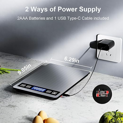 Food Scale Rechargeable, 22lb Digital Kitchen Scale Weight Grams and oz with Timer & Hold Function for Cooking Baking, 1g/0.1oz Precise Graduation, Stainless Steel and Tempered Glass