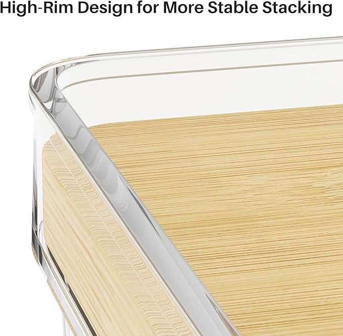 Potato Storage & Onion Storage Bins with Bamboo Lids, Stackable Clear Front-Open Pantry Organizers with Handles for Garlic and Produce, Kitchen Counter or Cabinet (4-Pack)