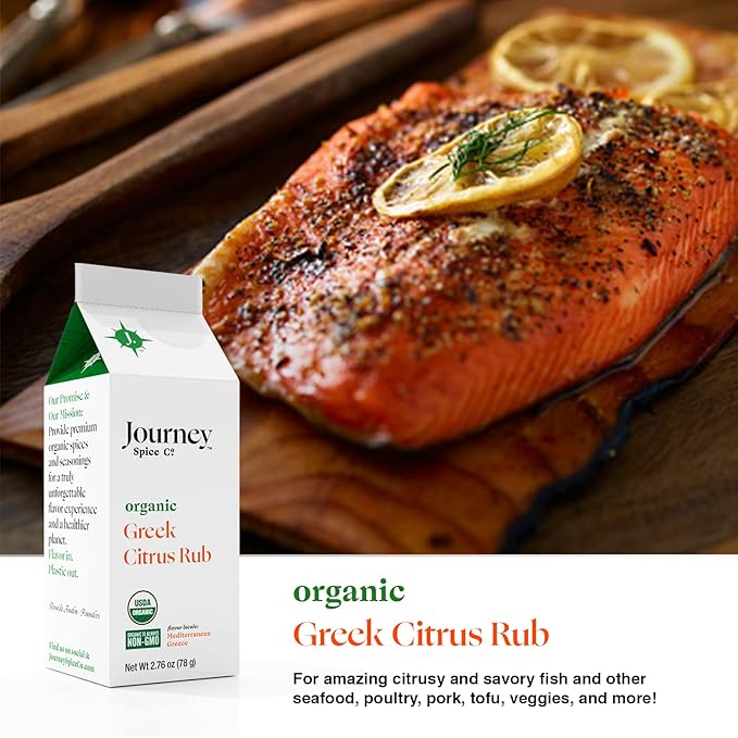 Gourmet Organic Greek Citrus Rub & Mediterranean Herb Blend Seasoning Gift Set by Journey Spice Co. | Salt-Free | No MSG | Greek Spice Seasoning | 4.76 oz. (total) | Resealable/Reusable Cap