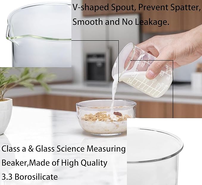 Ackers Etching Scale Glass Measuring Cup Set-V-Shaped Spout，Includes 60ml(2OZ), 120ml(4OZ), and 250ml(8OZ) Glass Measuring Beaker for Kitchen or Restaurant, Easy to Read