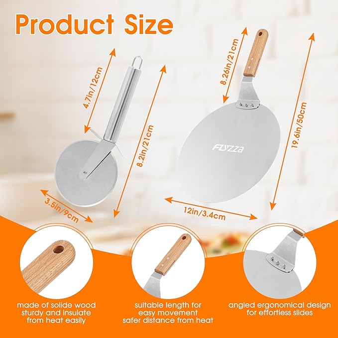 12 Inch Stainless Pizza Peel with Pizza Cutter, Pizza Spatula with Ergonomic Long Wood Handle for Pizza Oven Baking, Turing Peel for Pizza, Dough, Bread Pastry