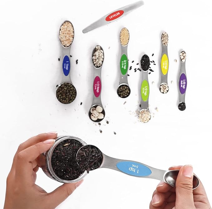 Magnetic Measuring Spoons Set Stainless Steel with Leveler, 9pcs Multicolors Measuring Cups Set for Baking, Measuring Cups and Spoon Set Kitchen Gadgets Apartment Essentials Fits in Spice Jars