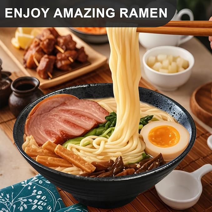 9.4Inch Ceramic Ramen Bowl Set of 2 (9 Piece) - Porcelain Japanese Salad Noodles Cereal Fruit Pasta Soup Large Bowls with Recipes Chopsticks Forks Spoons for Men Women Gift Microwave Dishwasher Safe