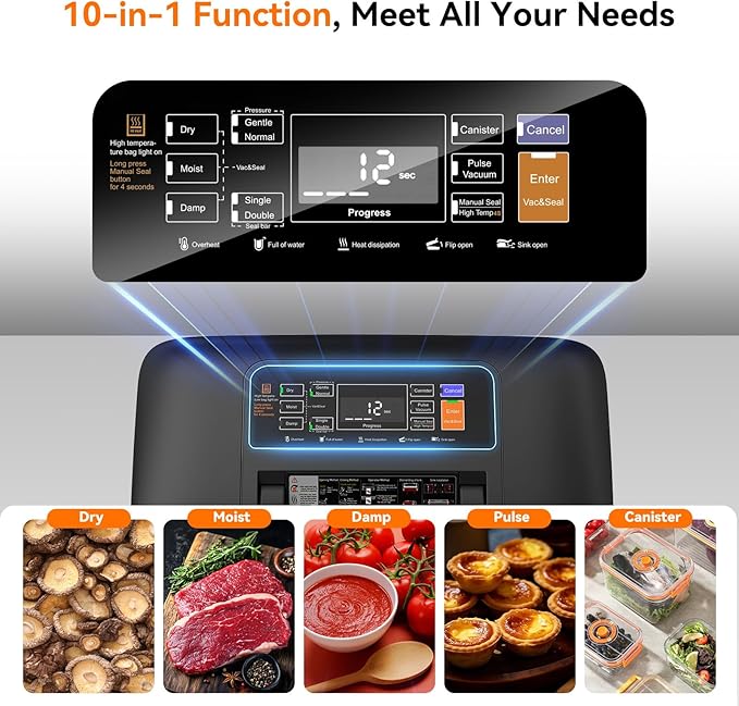 85Kpa Vacuum Sealer Machine, 10-in-1 Full Automatic Food Saver with Easy-Lock Handle, Double Heat Seal, Built-in Cutter & Roll Storage for Dry/Moist Foods, Includes Bags & External Hose