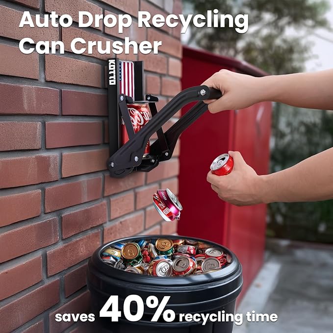 Kotto Can Crusher - Wall Mounted Can Crushers for Recycling - with Auto-Drop System -Built-in Bottle Opener-Crushes 8-16oz Cans-Includes Kitchen Storage Bag-Heavy Duty Can Crusher for Home Use-US Flag