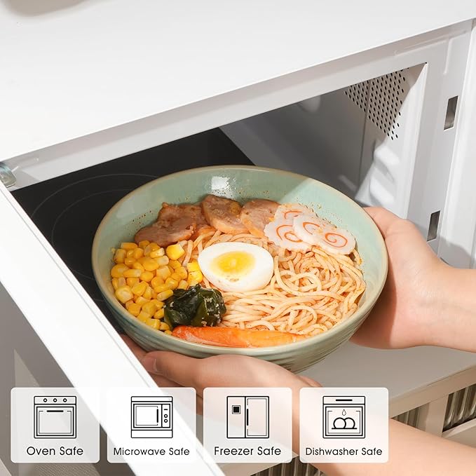 NUTRIUPS Set of 2 Ceramic Ramen Bowls with Spoons & Chopsticks, 40oz Large Soup Bowls for Udon, Miso, Noodles (Mossy Glaze)